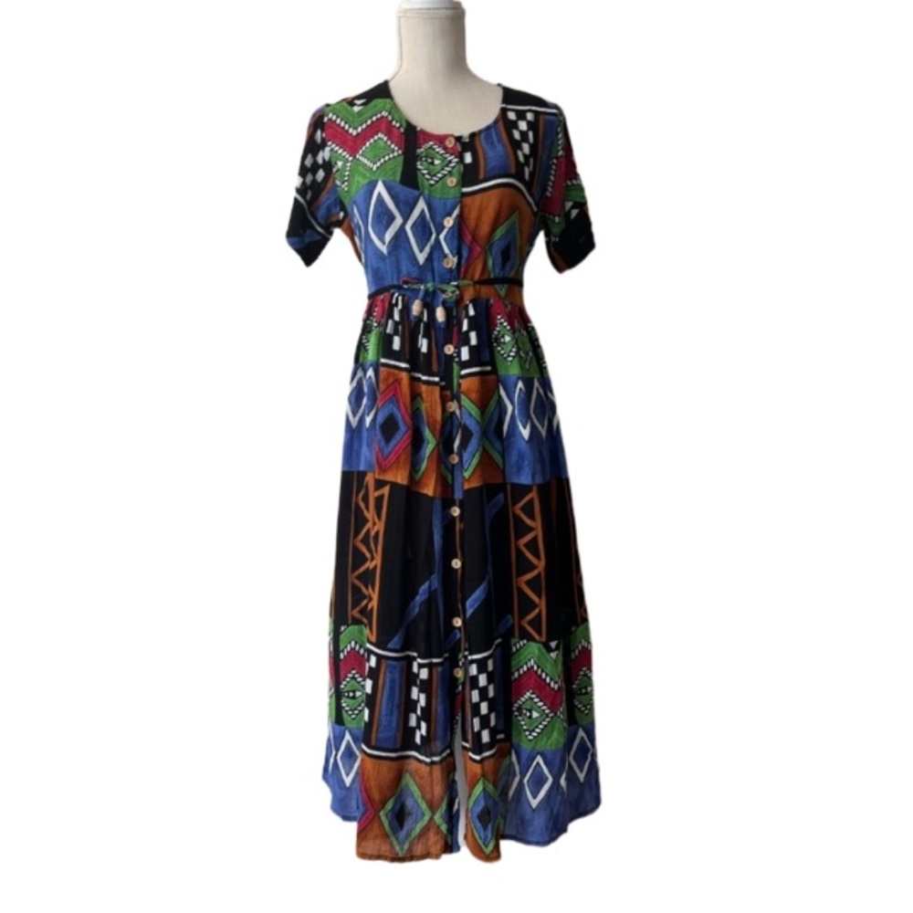 VINTAGE Jasmine Petite by KVM 100% Rayon Tribal Print Dress Size Small Petite